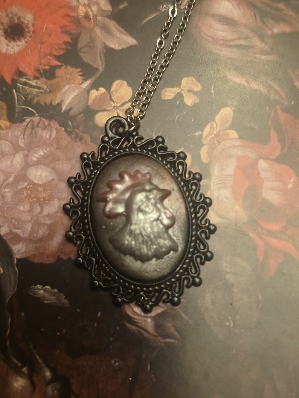 Resin Rooster Cabochon In A Black Metal Frame On Stainless Steel Chain Necklace